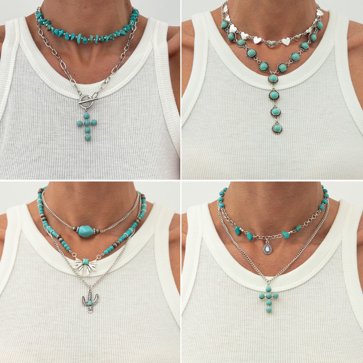 European and American cross-border jewelry, ins cross turquoise heart pendant necklace, punk alloy layered beaded necklace full figure