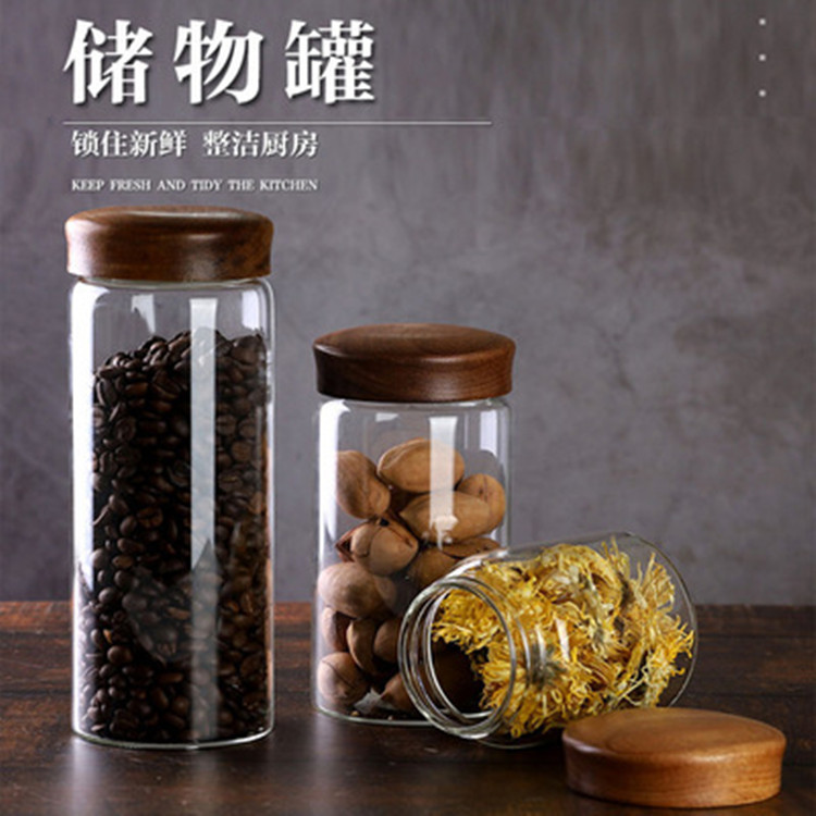 Large threaded mouth acacia wood storage jar, kitchen storage jar, sealed glass jar, glass sugar jar for grains and cereals full figure
