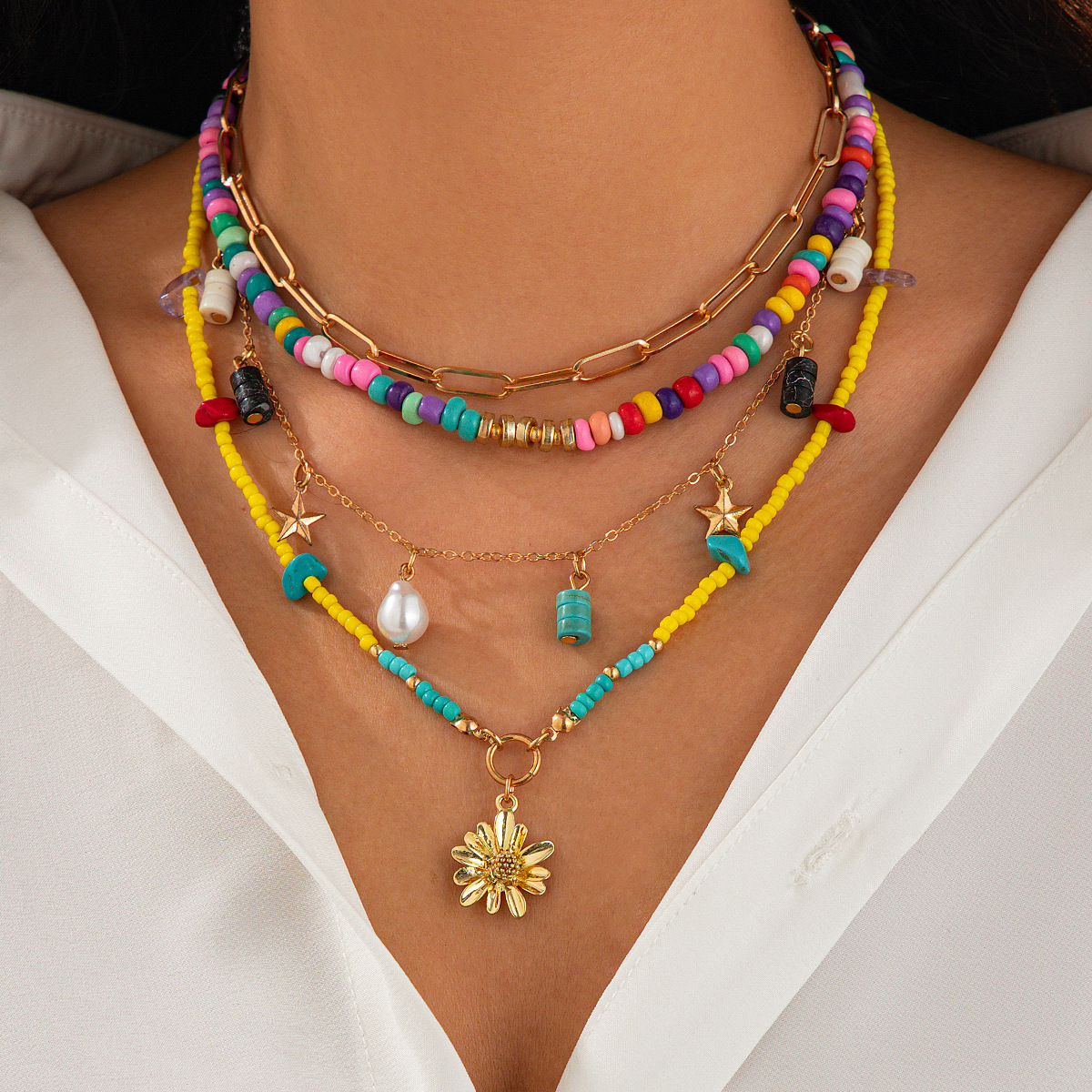 European and American cross-border jewelry, personalized style mermaid tassel pendant necklace set, niche alloy multi-layer collarbone chain Specification drawing