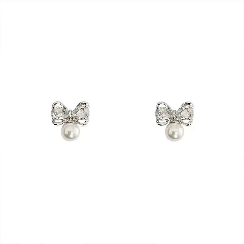 s925 Light Luxury High-end Bow Zircon stud Earrings for Women 2025 New i Niche Design sense Pearl pendant earrings Item Picture