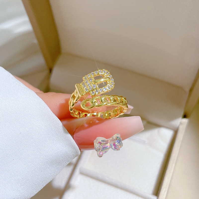 【 Real Gold 】 Chain, belt, full diamond ring, adjustable opening, simple Japanese-style bracelet, couple rings Specification drawing