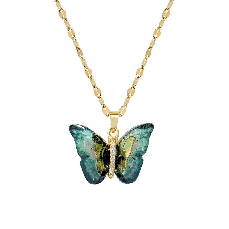 【 Titanium Steel 】 Colorful butterfly, personalized, fashionable, light luxury, elegant and luxurious, full diamond necklace, versatile for women, collarbone chain, titanium steel Item Picture