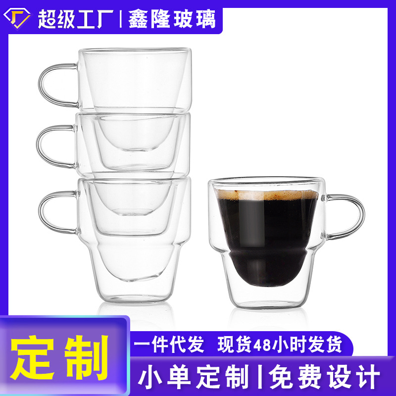 Wholesale high borosilicate double-layer insulated glass cups with handles for household drinking, juice, milk stacking and coffee cups full figure