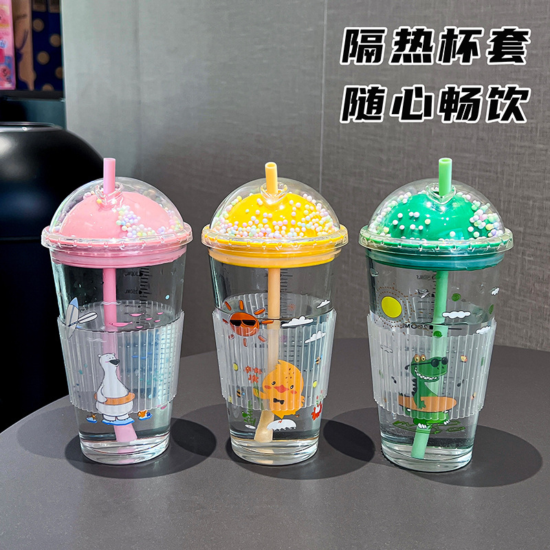 Cartoon graduated glass straw cup, double-layer portable summer casual cup, cute straw cup, creative cup Application Scenario