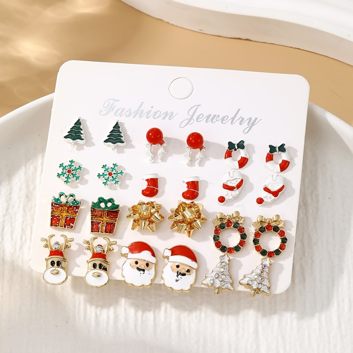 Christmas Stud earrings Set, Christmas Reindeer Gift Box Card Set, Christmas Oil-dropping stud earrings and earrings, versatile and niche stud earrings details Picture