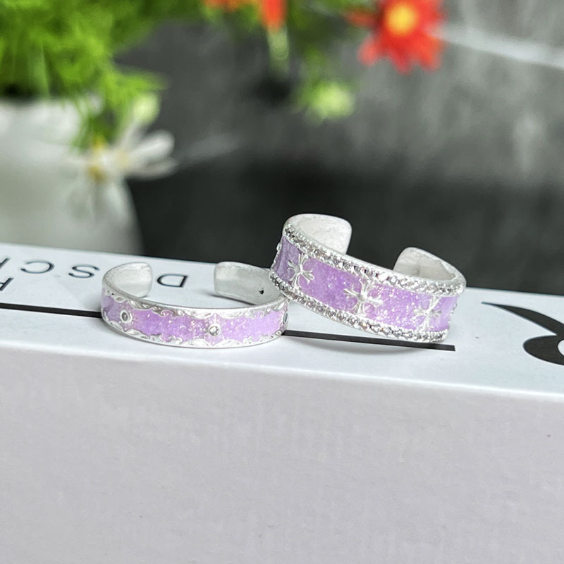 Sweet matte silver-plated wide purple drip glaze open ring, fashionable, simple and versatile couple index finger ring full figure