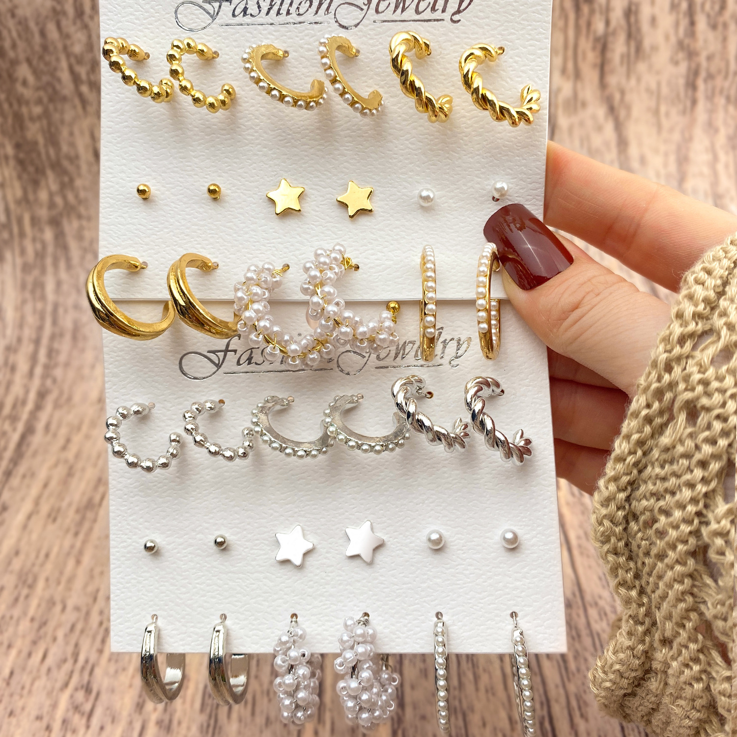Korean jewelry world's retro pearles-encrusted women's earrings 9-piece set, cross-border pearl dot diamond five-pointed star 9-piece set earrings full figure