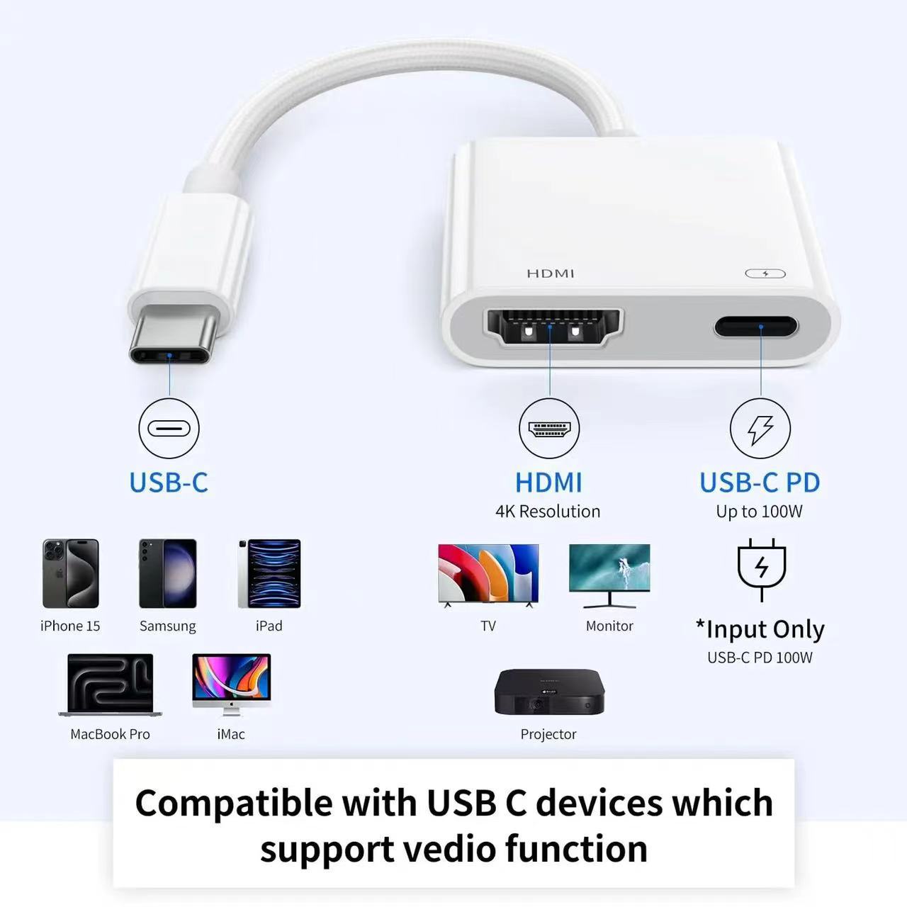 type-c to hdmi+PD100W expansion 4K 60HZ high-definition laptop 2-in-1 adapter cable Specification drawing