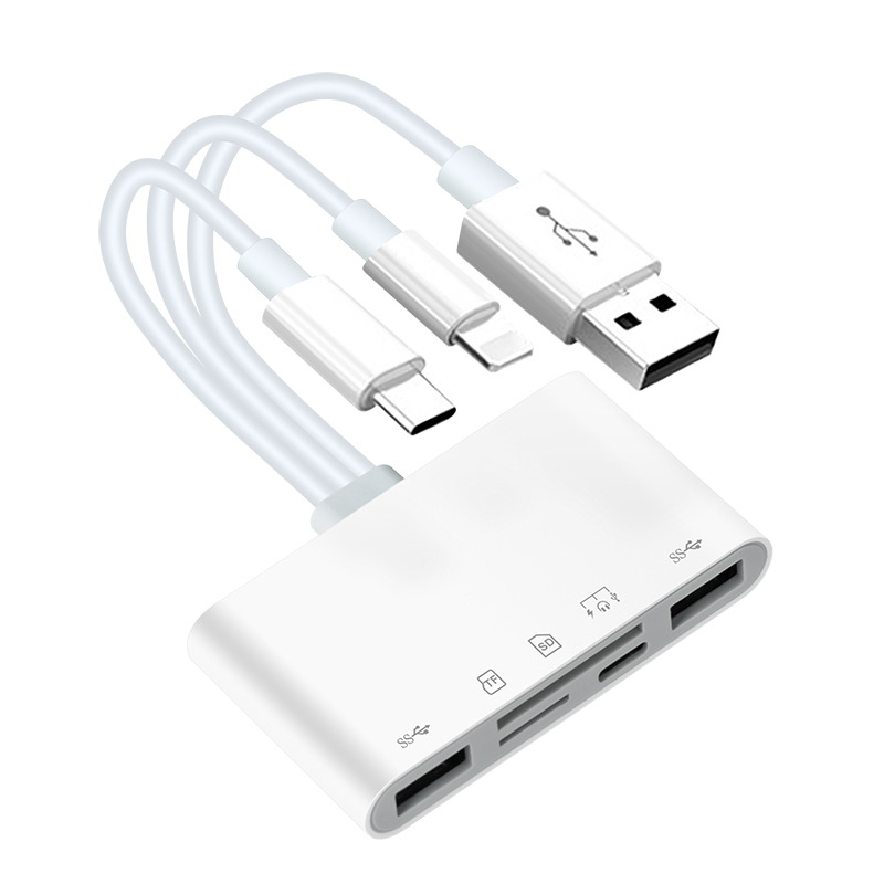 The multi-functional three-wire 8-in-1 universal card reader is suitable for Apple Type-C mobile phones, computers, external hard drives and headphones Item Picture