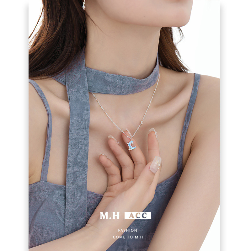 Blue Moon Starlight Necklace for Women, 2025 new style, light luxury, fashionable, high-end, niche, sweet and cool style collarbone chain details Picture