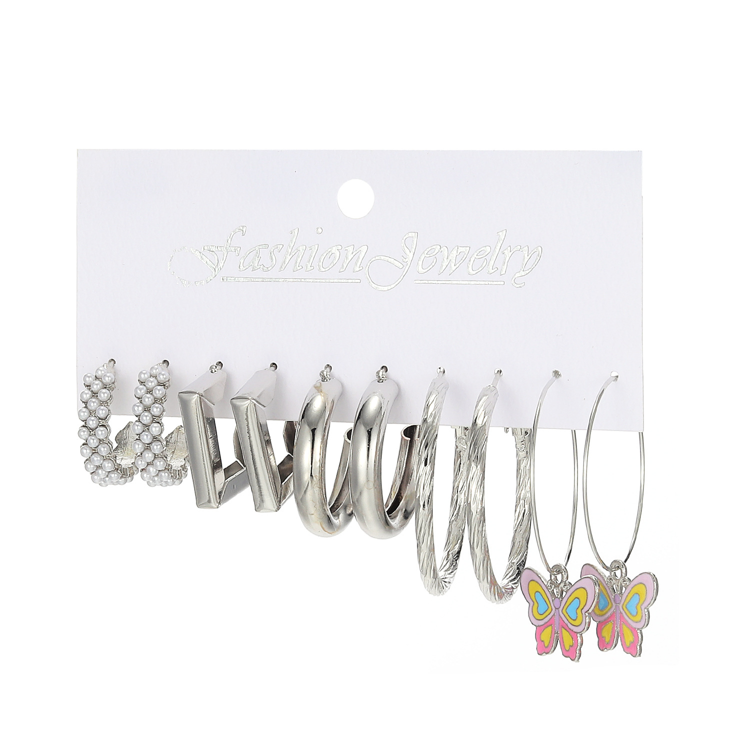 A new set of fresh and sweet pearl-inlaid metal earrings featuring oil-dripping C-shaped butterfly pendant ear hooks from Europe and America Item Picture