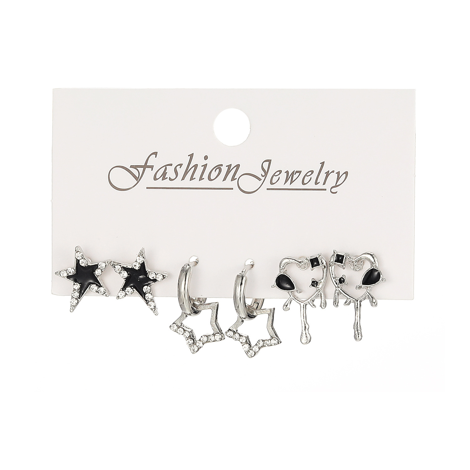 Fresh and sweet diamond-encrusted star stud liquid heart-shaped tassel metal earrings women's fashion earring set of 3 pairs Item Picture