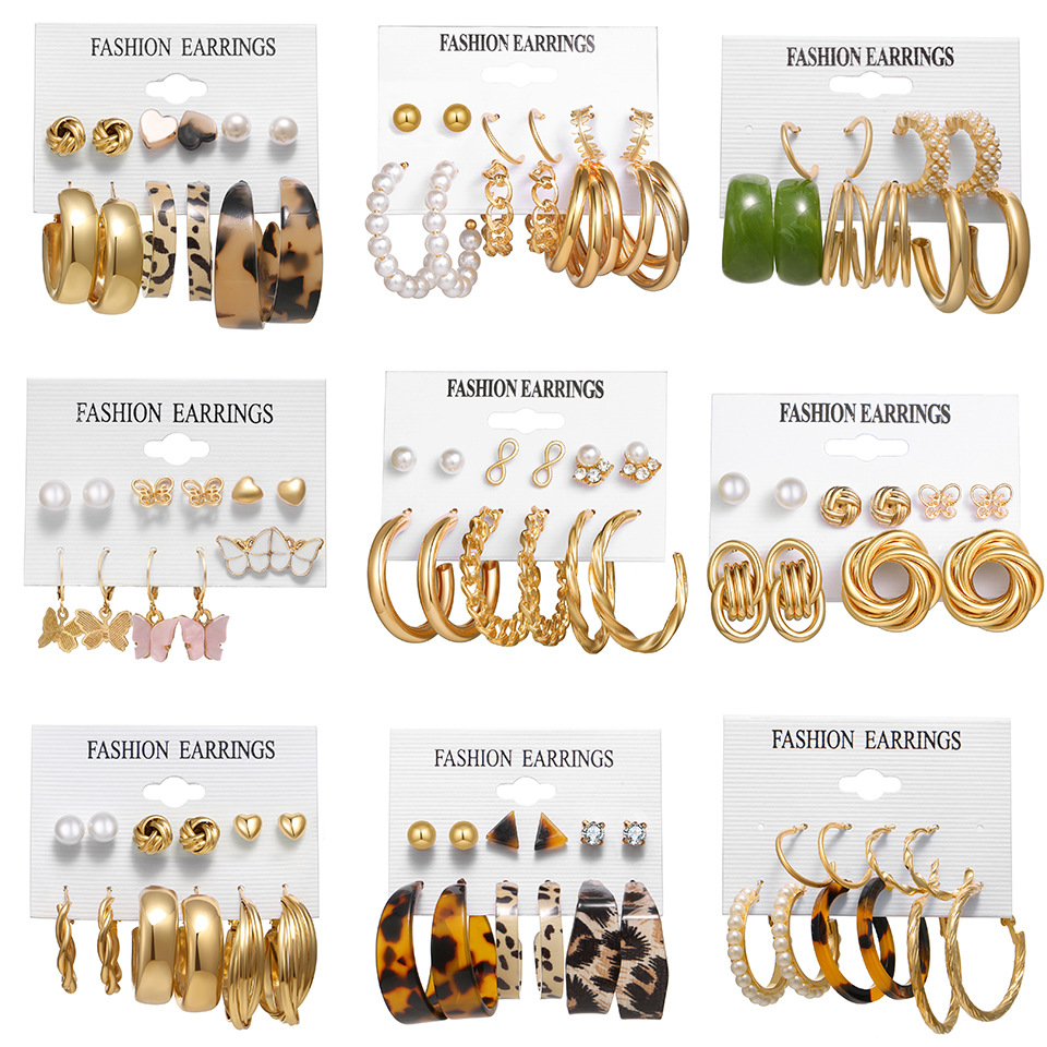 Amazon Cross-border New French retro earring set, 6-piece butterfly leopard print circle pearl stud set for women details Picture