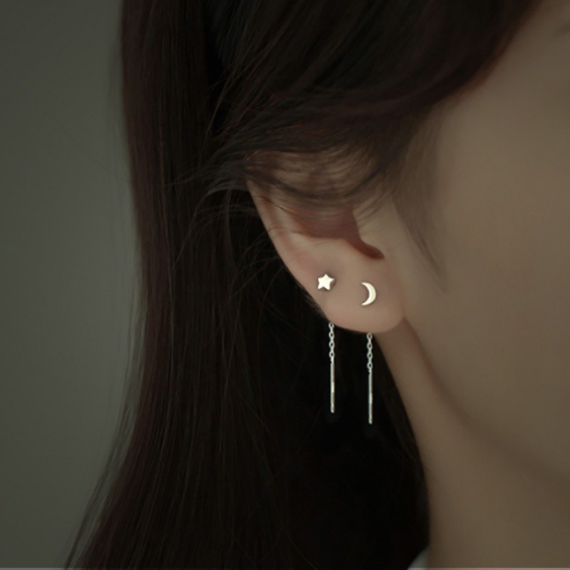 Ear-nourishing star Moon Bean stud earrings for women, simple and versatile, tassel ear thread star earrings, ear-piercing and elegant accessories full figure