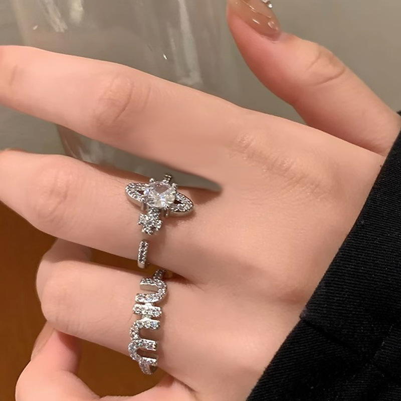 The Saturn Zircon open ring of the Empress Dowager of the West, a light luxury and high-end women's niche index finger ring, a fashionable and individual temperament ring Specification drawing