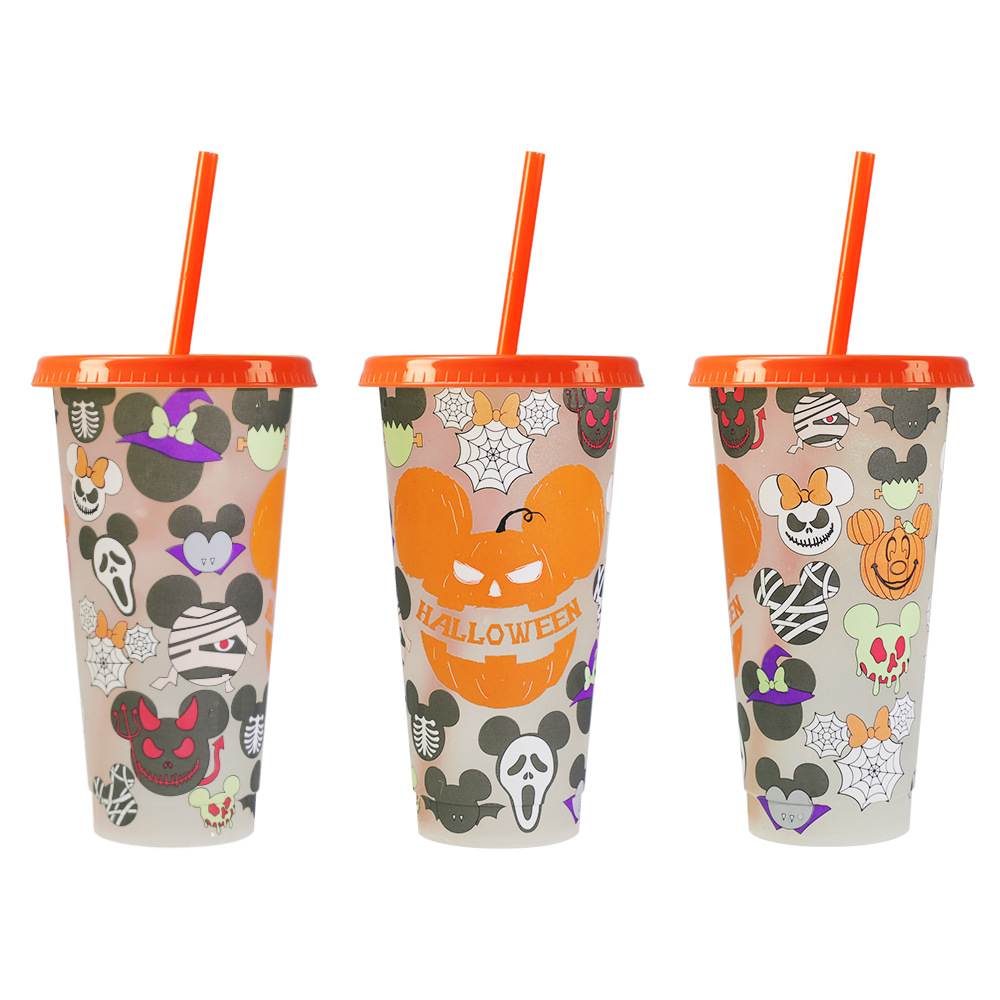 New large-capacity cold-sensing color-changing plastic water cups in stock at the factory, Halloween funny pumpkin color-changing cups, cross-border Item Picture