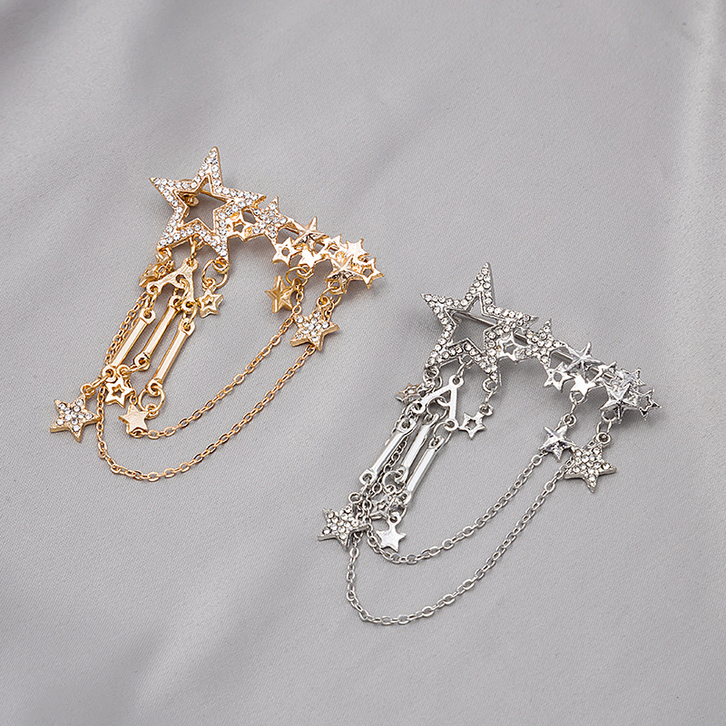 Japanese and Korean diamond-encrusted five-pointed star chain tassel brooches, JK girl pins, clothing accessories, badges, and inlaid ornaments are in vogue full figure