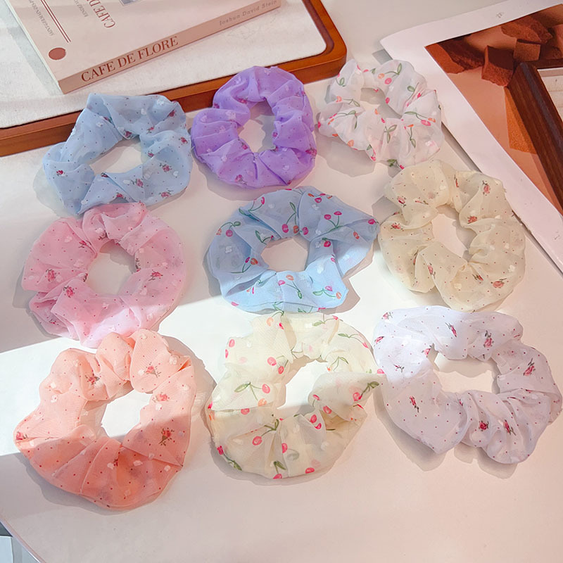 Korean-style fresh and delicate floral large intestine hair band, high-end European-style gauze hair tie, high-elasticity girls' ponytail leather band hair tie full figure