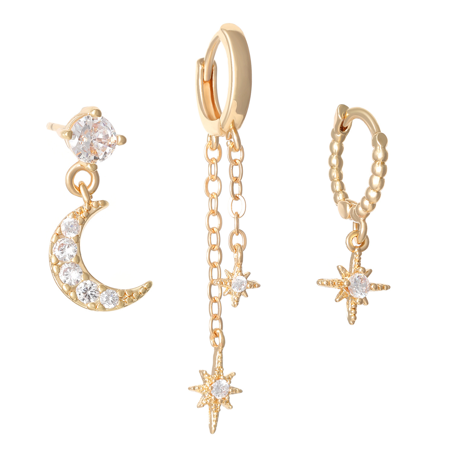 European and American cross-border Amazon Star and Moon ear stud, ear buckle, ear ring set, Zircon earrings, fashionable and light luxury earrings for women Item Picture
