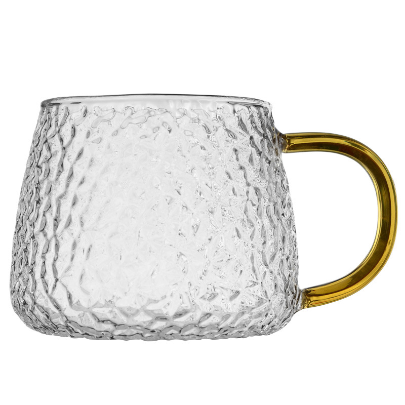 Customized hammer-patterned glass cups, high-temperature resistant household milk, juice and coffee cups, high appearance level, colorful handle tea cups Item Picture