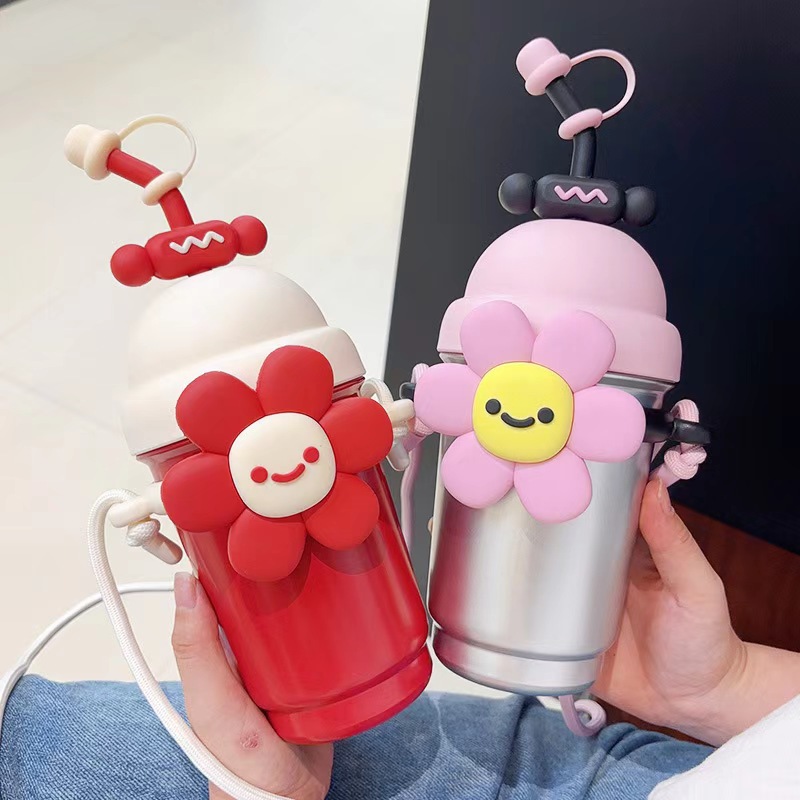 Popular cartoon vacuum straw insulated cup for women, 316 stainless steel milk tea cup, high appearance level, flower water cup with handle rope full figure