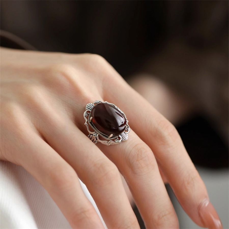 S925 Silver retro egg surface ruby ring, a niche design for women, a light luxury and high-end index ring, a new trend details Picture