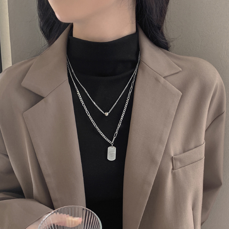 Double-layer stacked nameplate titanium steel sweater necklace for women's autumn and winter 2023 new trendy and popular hoodie chain long accessory Application Scenario