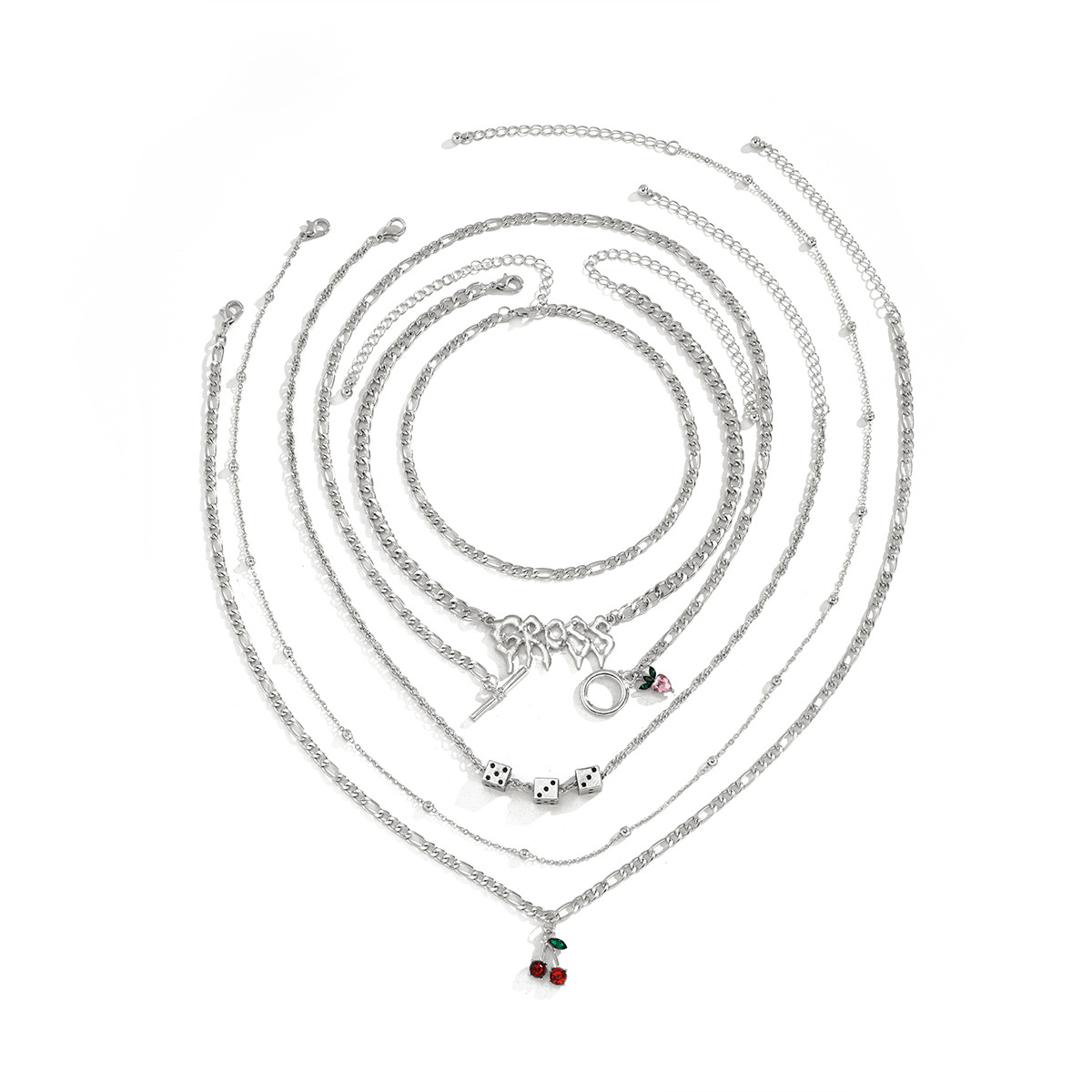 European and American cross-border jewelry, multi-element and multi-layer dice necklace, exaggerated letter cherry necklace set for women Item Picture