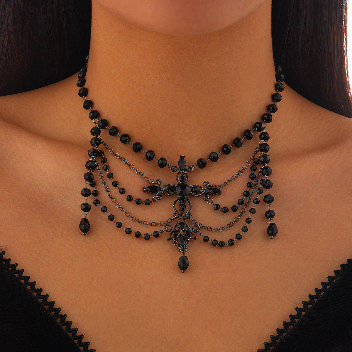European and American cross-border accessories punk beaded choker tassel chain girls Halloween party imitation gemstone handmade necklaces details Picture