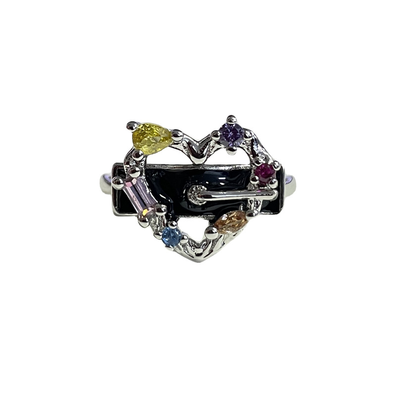 Irregular heart-shaped colored diamond fashionable open ring, feminine charm, niche design sense, light luxury, sweet and cool, versatile food ring Item Picture