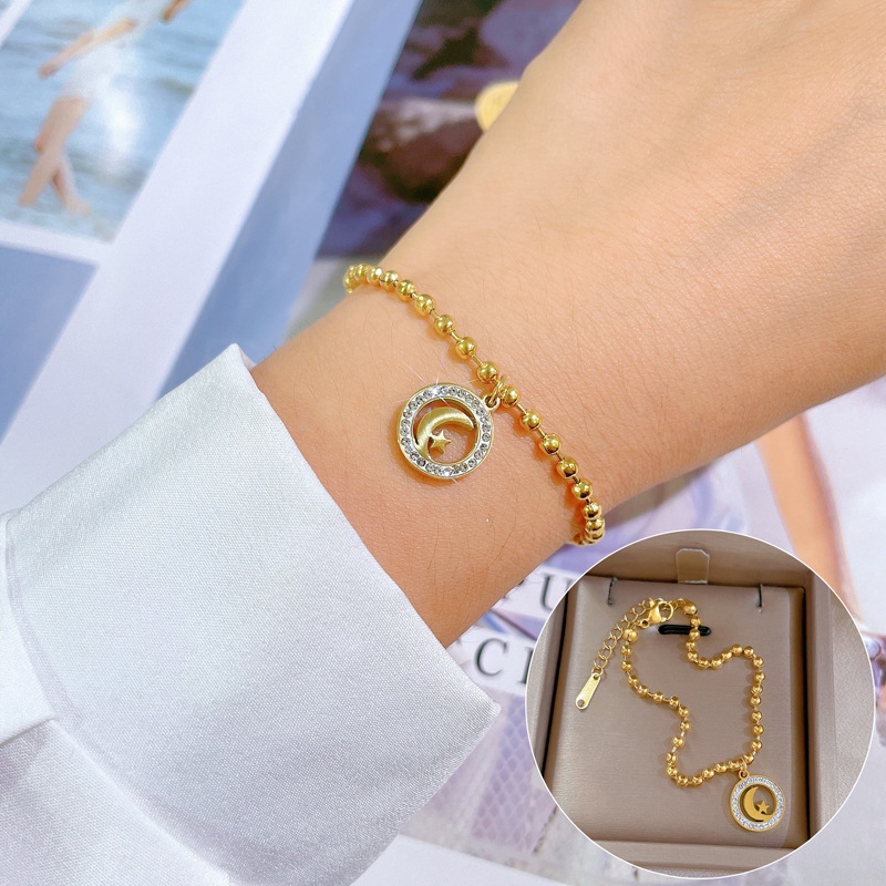 【 All-titanium Steel 】 Dongdaemun Personalized Star Moon Mud Diamond round bead furnace gold bracelet Female Internet celebrity retro best friend full figure