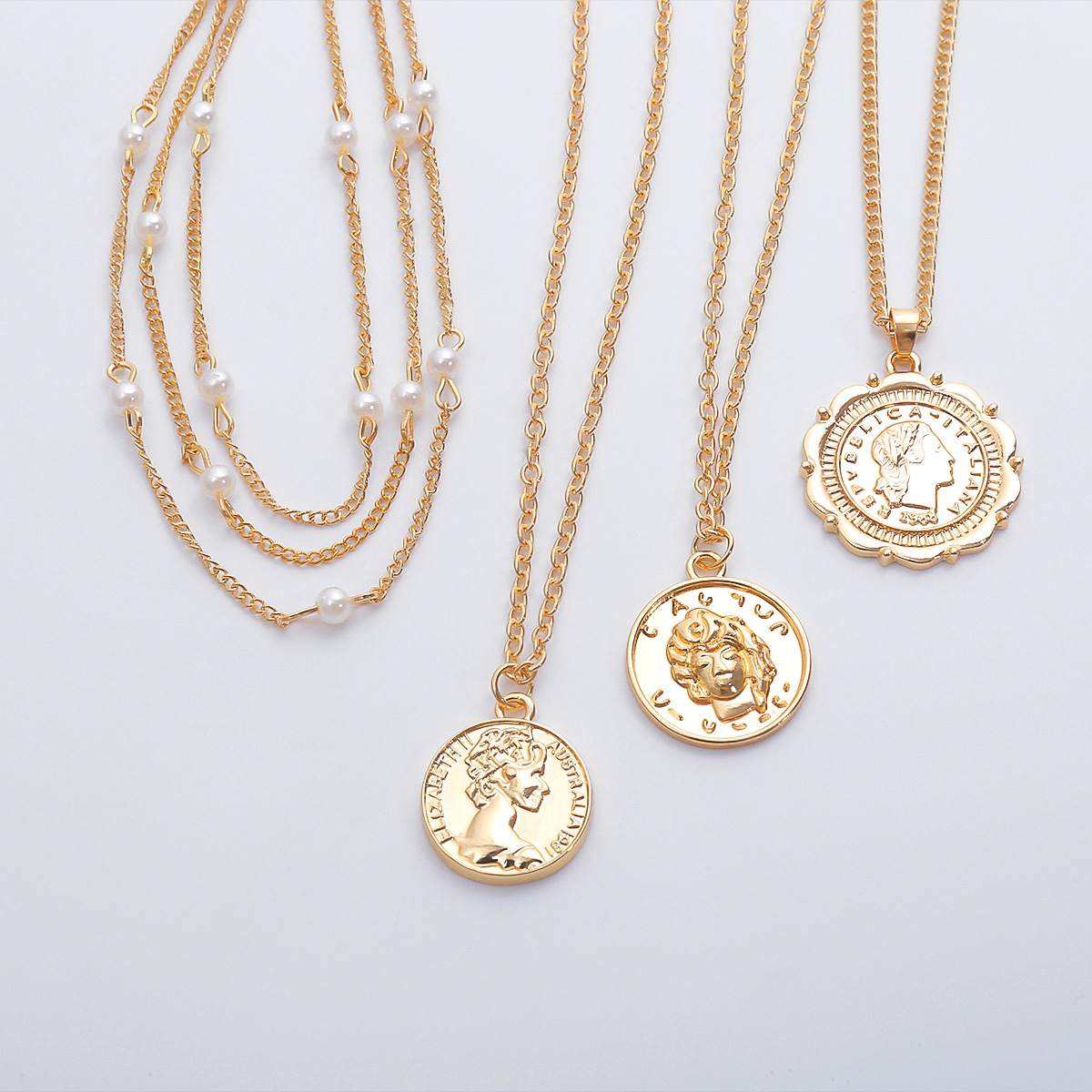 European and American cross-border jewelry, exaggerated and versatile portrait relief necklace, retro pearl imitation style tassel chain necklace details Picture
