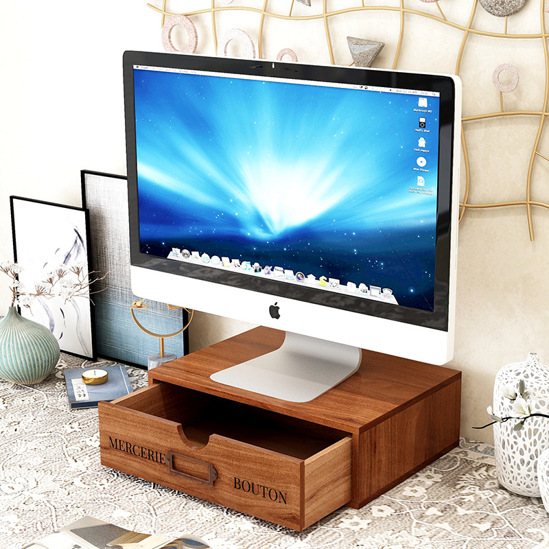 Drawer-type computer height-increasing rack, solid wood office sundries box, retro desktop storage box, multi-layer storage rack Specification drawing