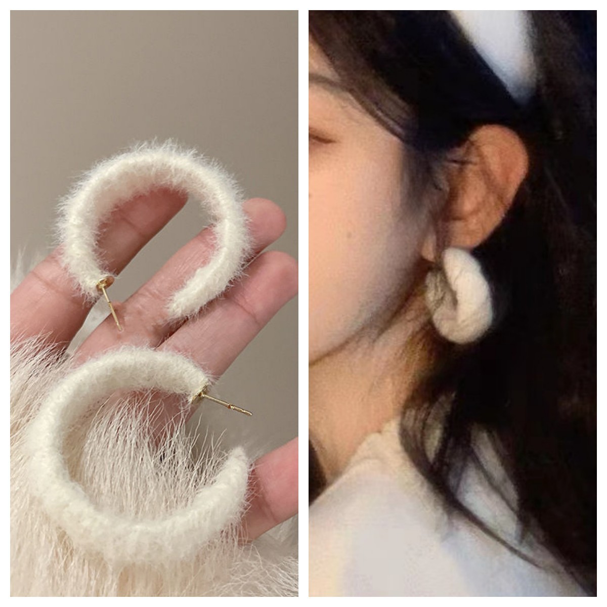The new autumn and winter plush C-shaped stud earrings feature a unique design for women, exuding a sweet and elegant charm. The large circle is a versatile ear accessory full figure