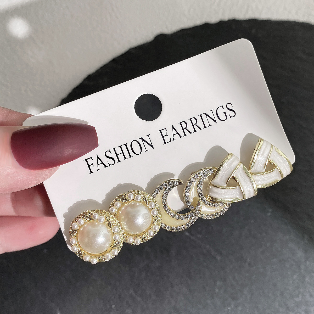 European and American cross-border ins bow fishtail pearl moon stud diamond-encrusted fashionable and elegant earring set 3-piece batch Specification drawing