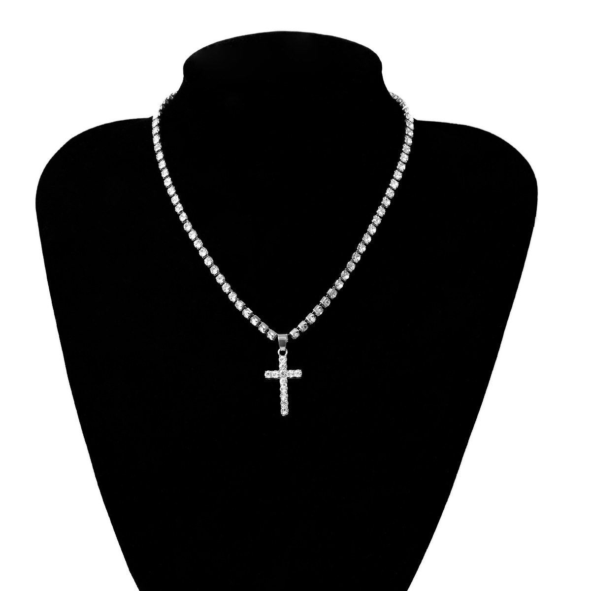 European and American cross-border jewelry, personalized and creative, simple style necklace, short collarbone necklace with full diamonds and crosses, for women Item Picture