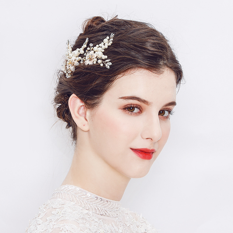European and American cross-border accessories, handcrafted pearl hair combs, Children's Day performance, alloy rhinestone children's headwear, flower arrangement combs for girls details Picture