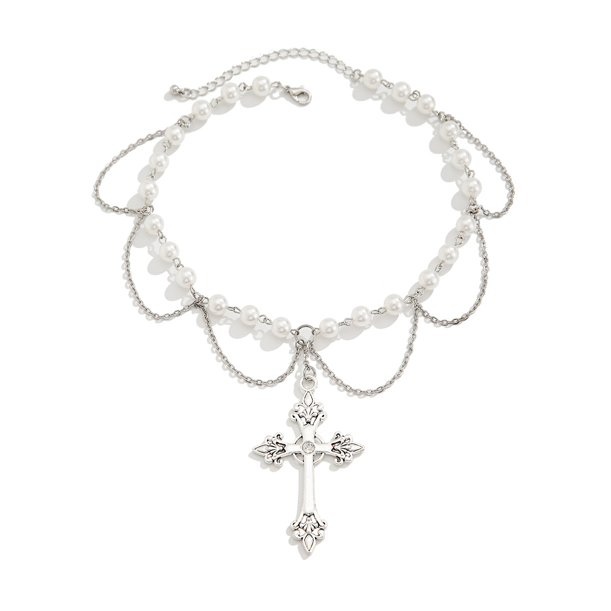 European and American cross-border jewelry cross pearl beaded pendant Necklace, fashionable alloy Necklace punk Item Picture