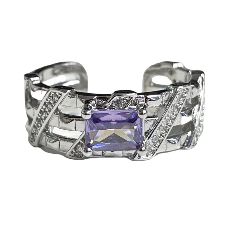 A light luxury, sweet and cool geometric purple diamond open ring for women, with a niche design sense, a cold style, fashionable and individual, exquisite index finger ring Item Picture