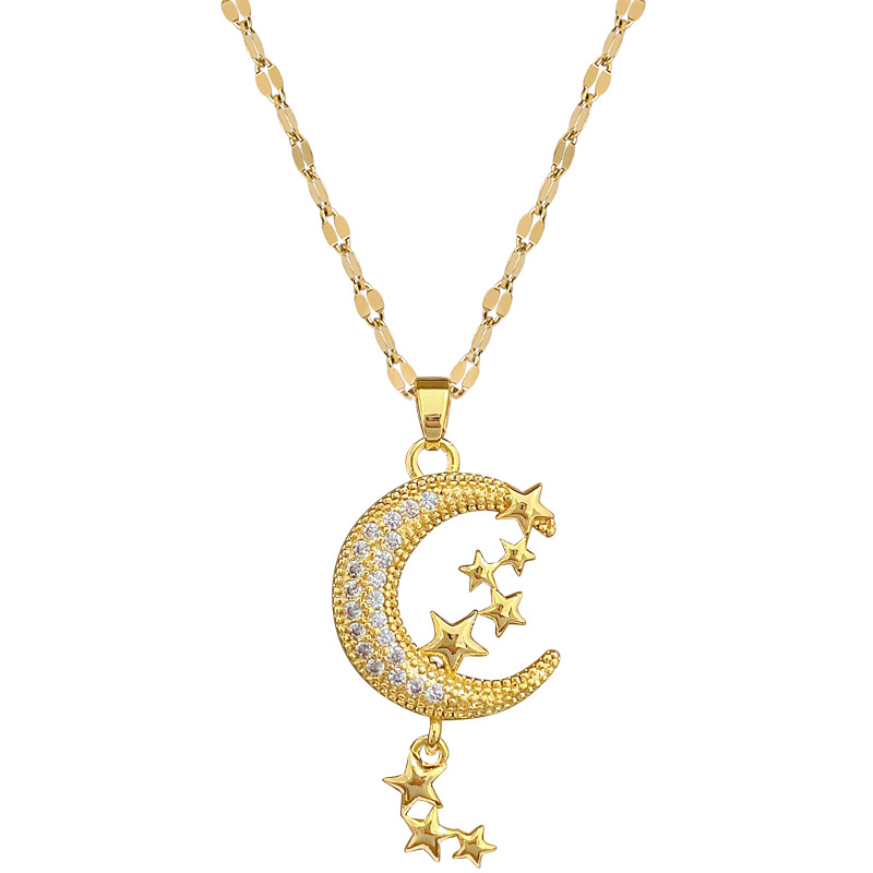 【 Titanium Steel 】 Moon and star tassels, light luxury and elegant, full diamond necklace, versatile for women, collarbone chain, titanium steel chain Item Picture