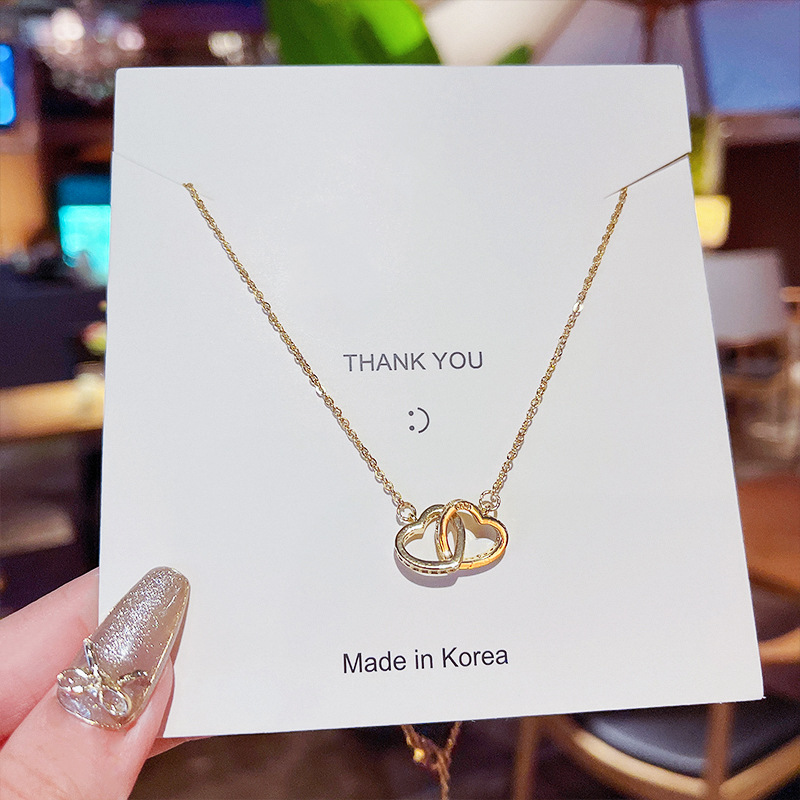 Gold electroplated heart-to-heart necklace, women's double ring zircon heart collarbone chain, 2025 Japanese and South Korean pendant, shining details Picture