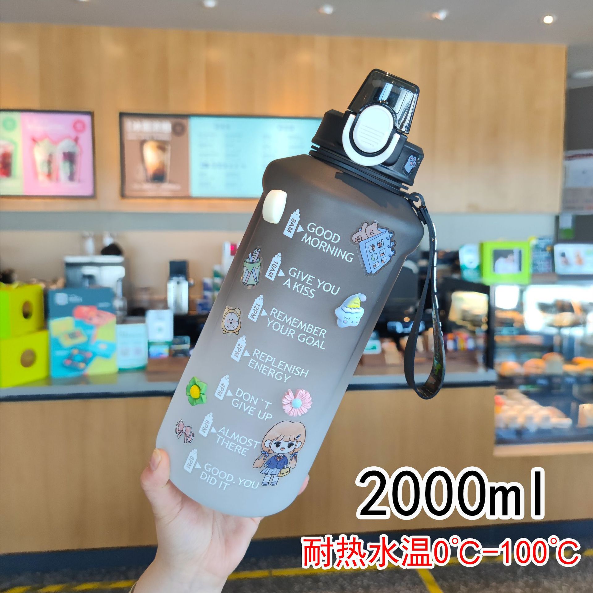 Cross-border large-capacity water bottles, plastic straw cups, popular stickers, high appearance level, gradient color water bottles, portable drawstring water cups Application Scenario
