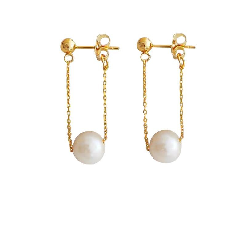 Trendy large pearl back-hanging earrings for women, versatile and simple near-round pearl earrings s925 silver needle stud earrings Item Picture