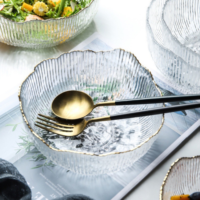 Nordic creative irregular glass bowl, thickened household fruit bowl, tea-washing striped golden edge sunflower salad bowl full figure