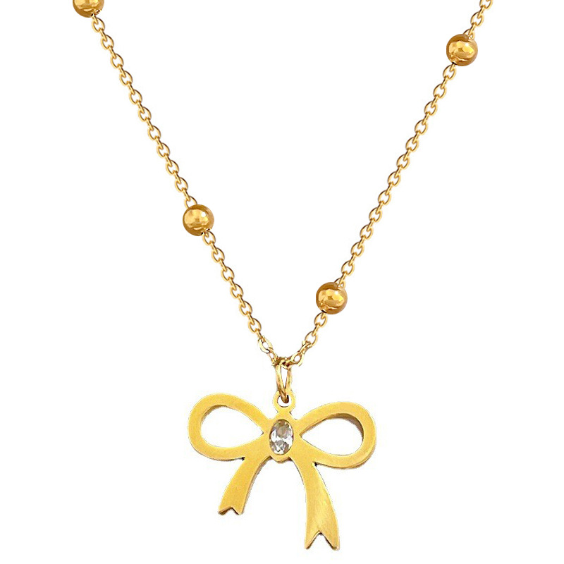 【 Titanium Steel throughout 】 Zircon bow, simple style furnace, real gold necklace, female Instagram influencer collarbone chain accessory Item Picture