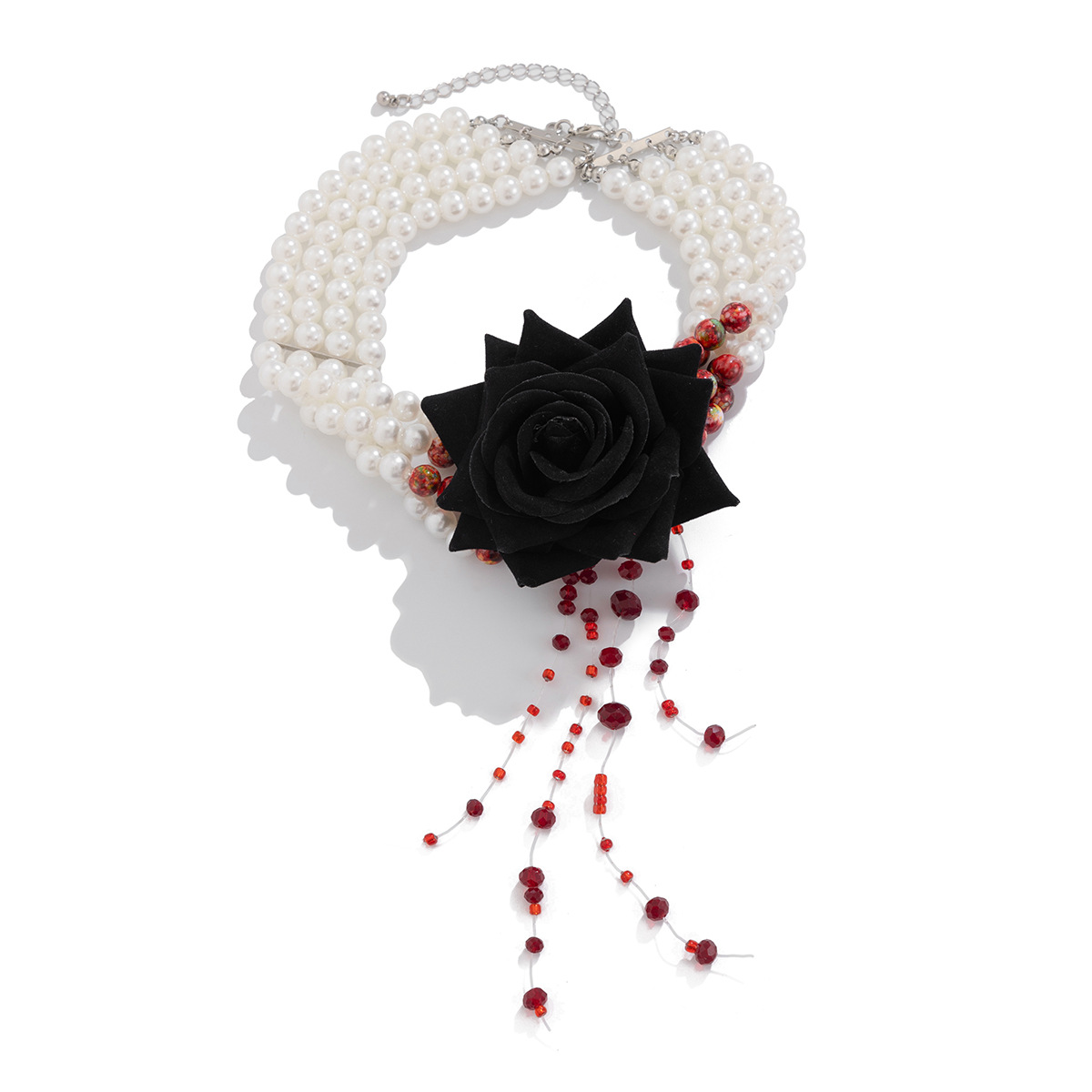 European and American cross-border jewelry sweet and cool style rose multi-layer pearl necklace, personalized tassel imitation blood drop collarbone chain Item Picture