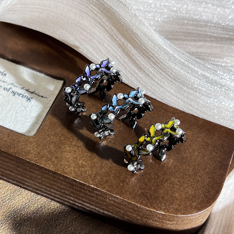 Cross-border punk dark irregular butterfly pearl drip glaze open ring for women, gender-neutral style, sweet and cool personality ring details Picture