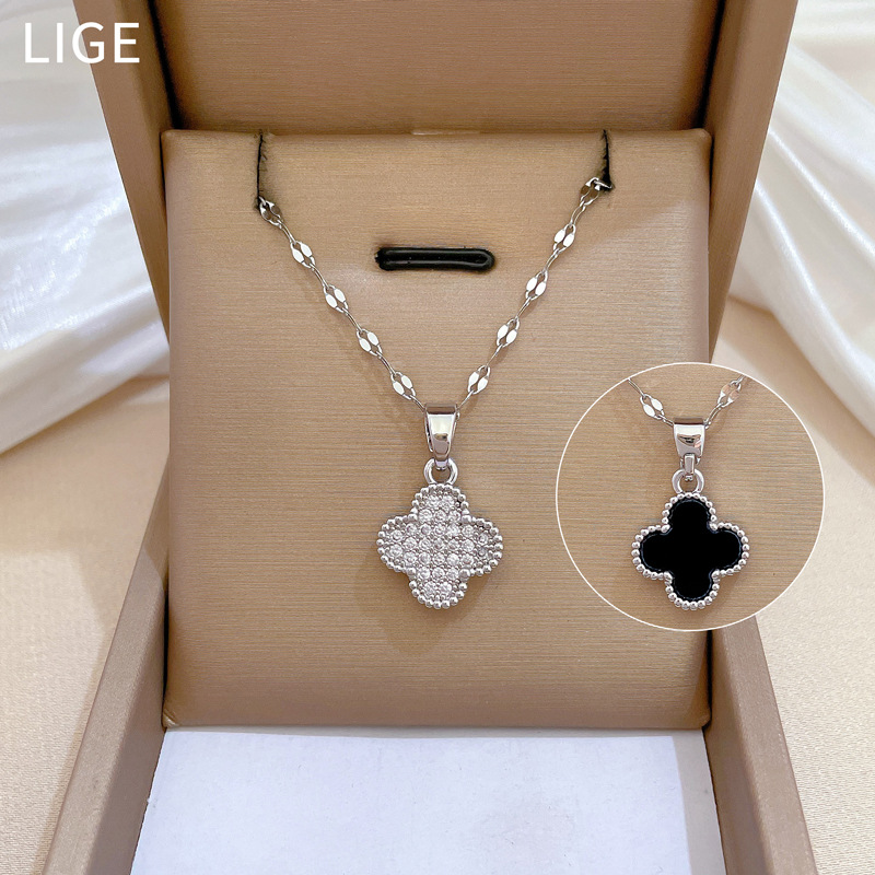 【 Titanium Steel 】 Full-diamond double-sided four-leaf flower micro-inlaid diamond necklace, a delicate female style Instagram influencer collarbone chain accessory Specification drawing