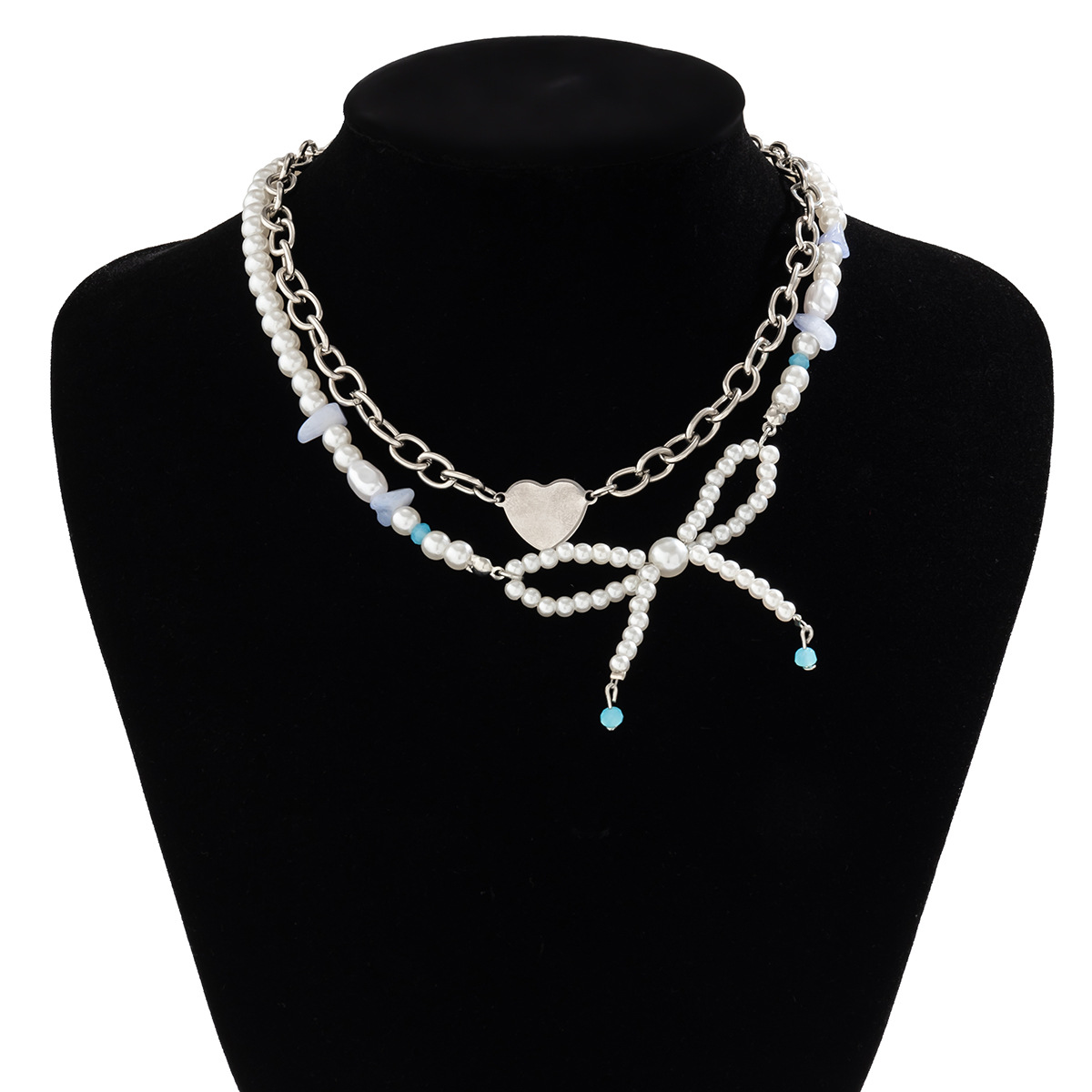 European and American cross-border bow jewelry and necklaces, niche imitation pearl heart, sweet and cool, hot girl choker necklaces Item Picture