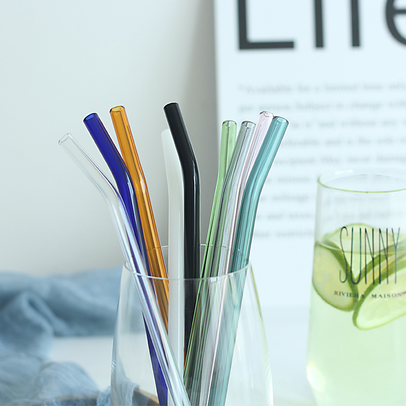 Colored glass straws with curved mouths, high borosilicate glass straws for drinking milk tea, household mixed straws full figure